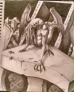 Image is a humanoid figure crawling out of rune lined ruins. It has large batwings and a tentacle covered face. This creature is Cthulhu.