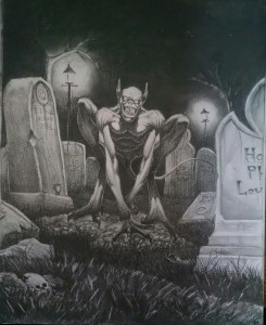 Image is a humanoid in a cemetary. Humanoid is bald, with pointed ears, a mouth full of needle like long fangs, with elongated, ostrich like legs. It is sitting on it's haunches with a tail behind it.