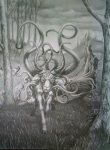 Image is a goatlike creature, with a large maw on her chest, the horns of a brahma bull, and a back covered in tentacles. It is walking in a forest clearing over a fell tree.
