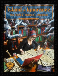 Image is of a book cover. The illustration is a 1920's era female pouring over old occult manuscripts with a bottle of wine, it's accompanying glass and a pistol. Several tentacles ending in eyes and mouths descend from the library shelves behind her.