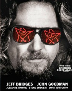 It's a picture of Jeff Bridges, with long hair and a goatee. He is wearing Sunglasses, that are reflecting the Elder Sign.