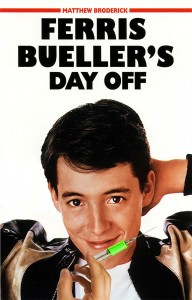 A picture of a young Matthew Broderick altered to show him holding a syringe with a green liquid in it. He's smiling.