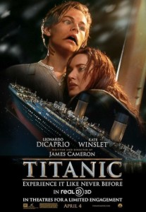 this is an altered image of the original Titanic movie poster. In it Leonardo Dicaprio's character looks like a fish-person. He's holding a red-head. An image of a sinking Titanic is underneath them.