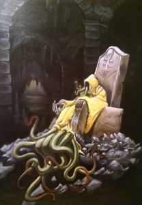 A yellow hooded figure with long claws sitting in a stone throne with skulls in the debris around it. The figure has tentacles coming out underneath it's robes.