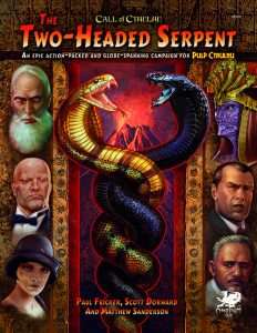a book cover featuring 3 faces along each side and a gold and black snake wrapped around eachother in the center. The title is Two Headed Serpent