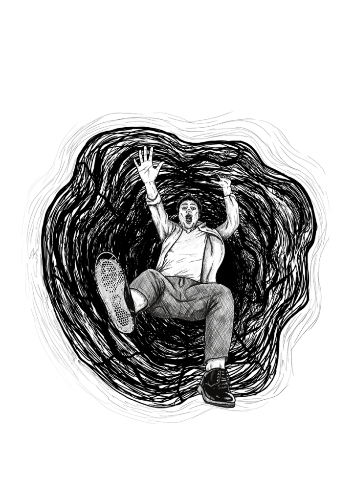 image is of a fair skinned man falling into a bottomless hole
