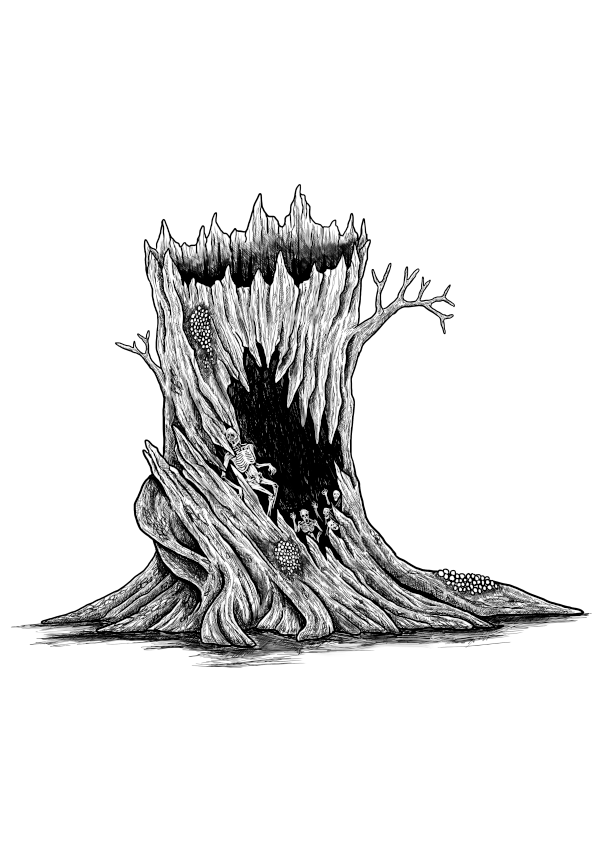 A broken, jagged tree stump with a few, short, naked branches. At the base of the stump opens a large and gapping, wet hollow.