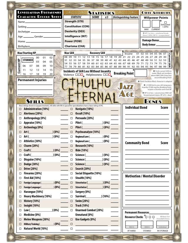 Cthulhu Eternal RPG Character Sheet