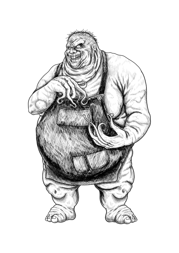 A short, round man, shoulders bunched up around his ears. Sparse hair on his head. Eyes bulging from their sockets and a wide, lipless grin on his face. Naked except for a leather apron. Instead of fingers on his hands, he has thin tentacles with suckers on the tips.
