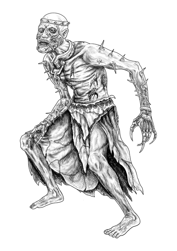 A humanoid being, naked, hairless, and of indeterminate sex. Skin and muscle have been flayed from the head, and bone has grown over the where they eyes once were. A heavy lock hangs from their neck. Hooks driven through bone hold the creature's mouth shut. Above the waist they are naked. Open wounds criss-cross their skin. Sharp, jagged pieces of metal protrude from random points on torso and arms. On each finger is a finger-blade. Below the waist, they wear a loose and long rough patchwork skirt.