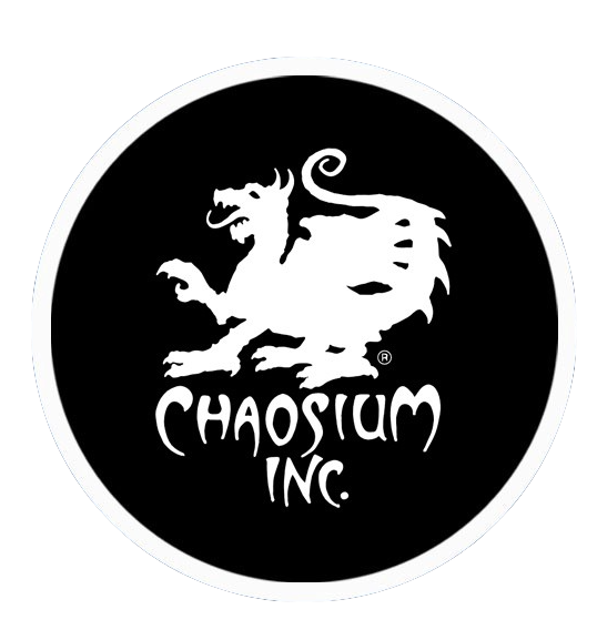 black circle with a griffon silhouette with the words Chaosium Inc below it