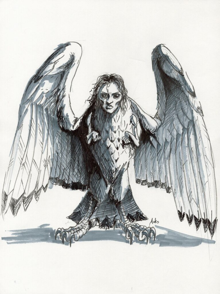 It has the face of a beautiful woman but with a cold expression on her face and giant black eyes. Scraggly, long black hair hangs from the top of her head. The body is that of a giant owl. Stunted arms cling to its sides, while wings extend from its back. Wicked claws tip the end of its scaled, featherless feet.