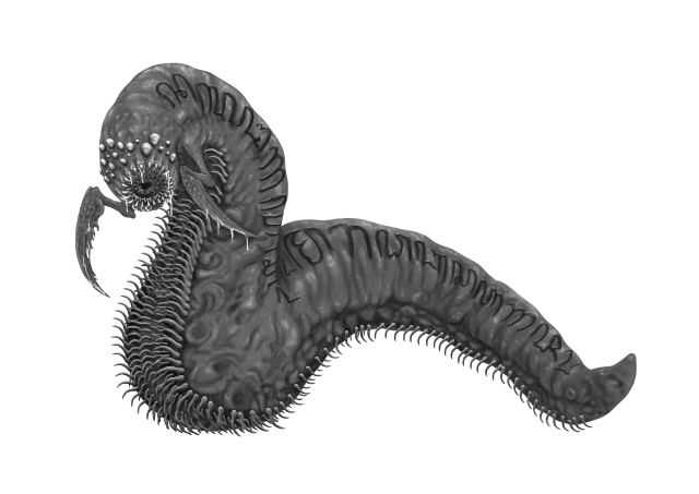 A long, worm-like creature, its front rearing. All of its body is alien writing and runes. Its head sports multiple eyes and a wide, lamprey-like mouth with dozens of hooked teeth. On the underside are hundreds of tiny legs. Near the head are two long, segmented appendages, each ending with a single sickle-like claw.