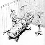 elderly person in a hospital bed, hooked to machines. They have a horrified expression on their face as something whispy and almost invisible hangs about their head, it’s tendrils reaching into their ears. A disinterested nurse is checking their vitals and doesn’t seem to notice the entity.