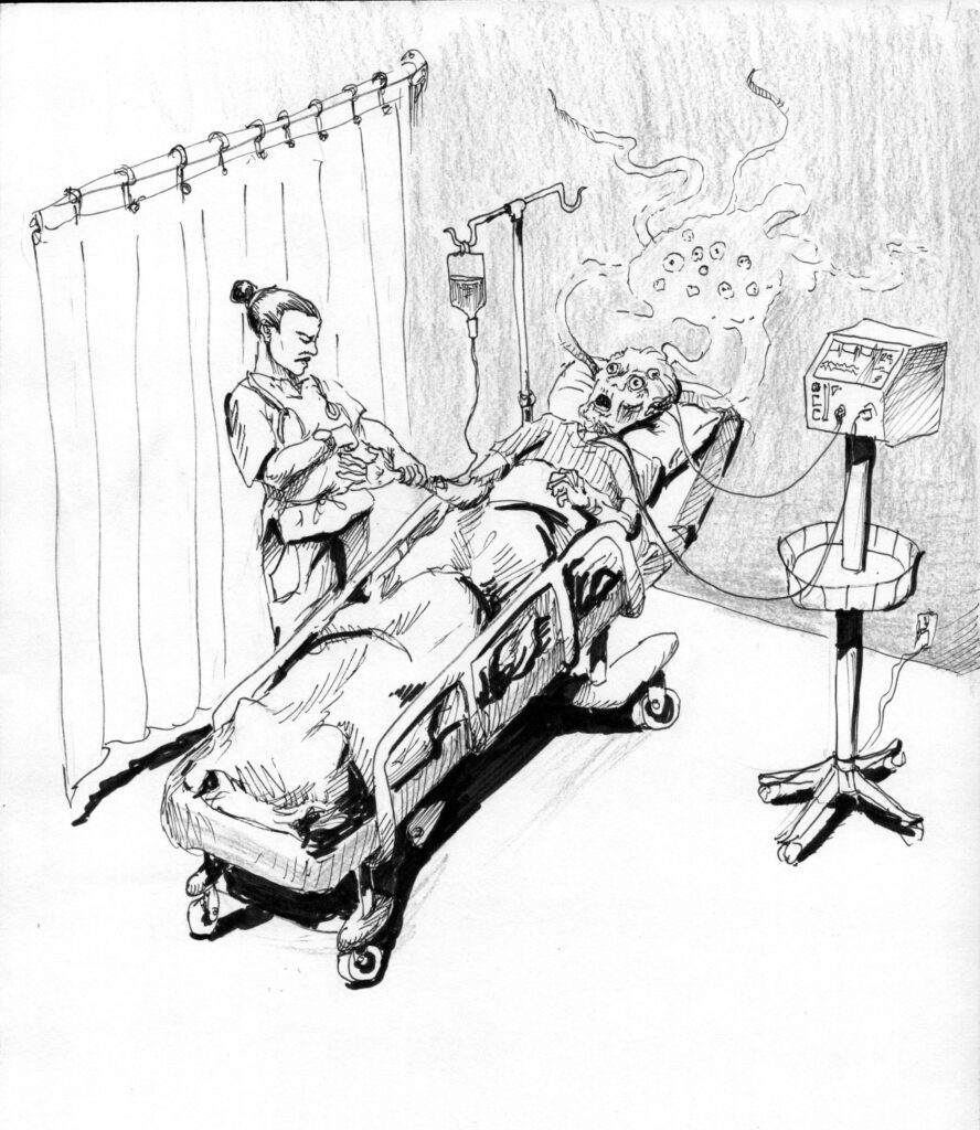 elderly person in a hospital bed, hooked to machines. They have a horrified expression on their face as something whispy and almost invisible hangs about their head, it’s tendrils reaching into their ears. A disinterested nurse is checking their vitals and doesn’t seem to notice the entity.
