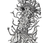 A house-sized creature made up of individual gnarled strands that compose trunk-like legs, a tangled shapeless body, and several reaching tendrils, and the whole thing covered with random "eyes" (think black dots like aphids on a tree)