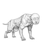 A dog’s body, large and muscular and devoid of fur. The head is that of a human baby, with glowing eyes.