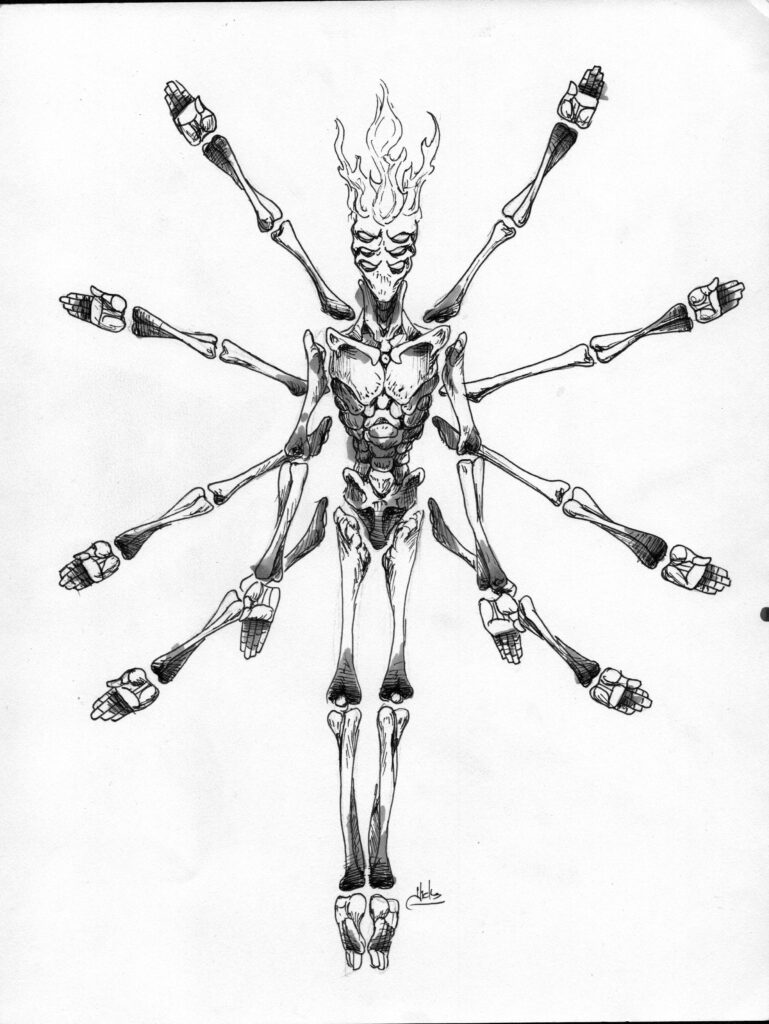 An immense, thin humanoid being slightly bent at the waist. It is nude and sexless. Its flesh appears to be made of bone. Two arms hang by its sides; there are no elbows on the arms, nothing connecting the wrist to the rest of the arm or the hands to the wrists. Palms face the viewer. From its back spread eight other arms, four on each side, extending like wings, each disjointed like the arms at its side. Its face is featureless save six narrow eyes, arraigned in two even, verticle rows. Atop its head is a crown-like flame.