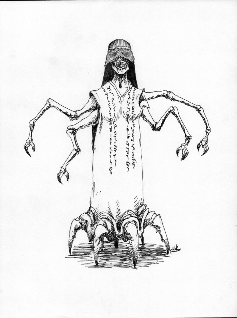 A tall female humanoid figure, wearing a long tunic. The tunic is decorated in arcane symbols in rows running up and down the length of the garment. She has four arms, two on each side. Each arm has multiple joints, segmented like an insect. From under the bottom of the tunic peek the ends of multiple insect-like legs. On their head they wear a veil that terminates just below the eyes, obscuring them. Under the veil, the face is dried and withered, the nose and lips missing, teeth exposed and gritted in a sinister grin.